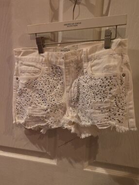 Abercrombie & Fitch White Rhinestone Distressed Denim Shorts